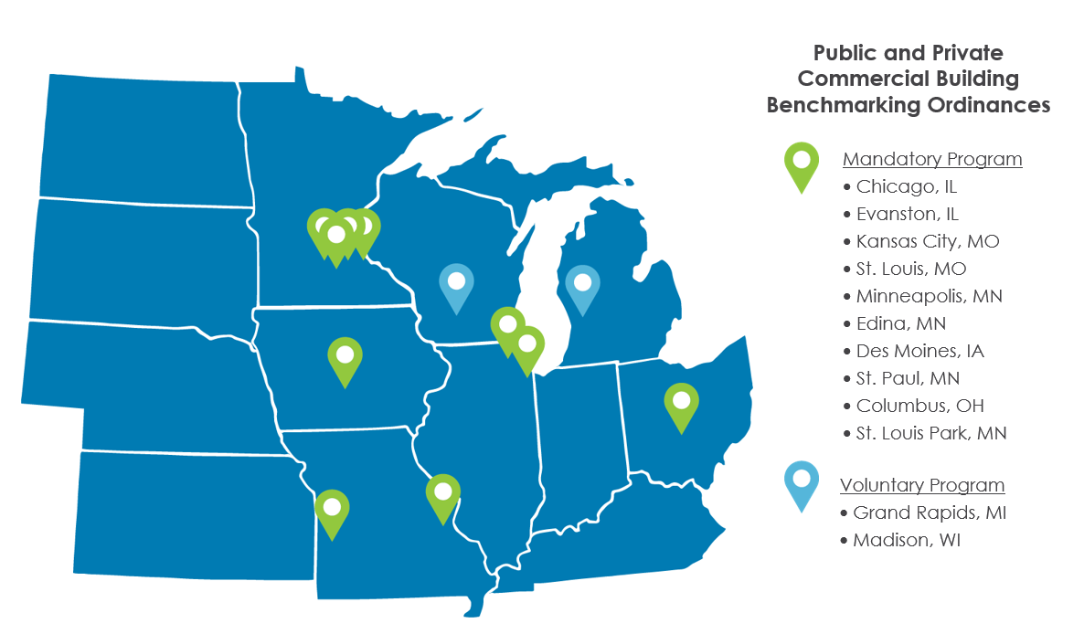 map denoting public and private commercial building benchmarking ordinances